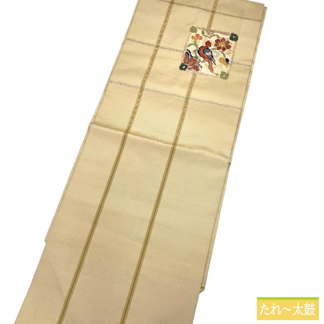 名古屋帯 正絹 Sランク 名古屋仕立て 桑色白茶色(くわいろしろちゃいろ) 格子 抽象柄 帯丈362cm ポイント柄 セミフォーマル ベージュ系 1124012242325
