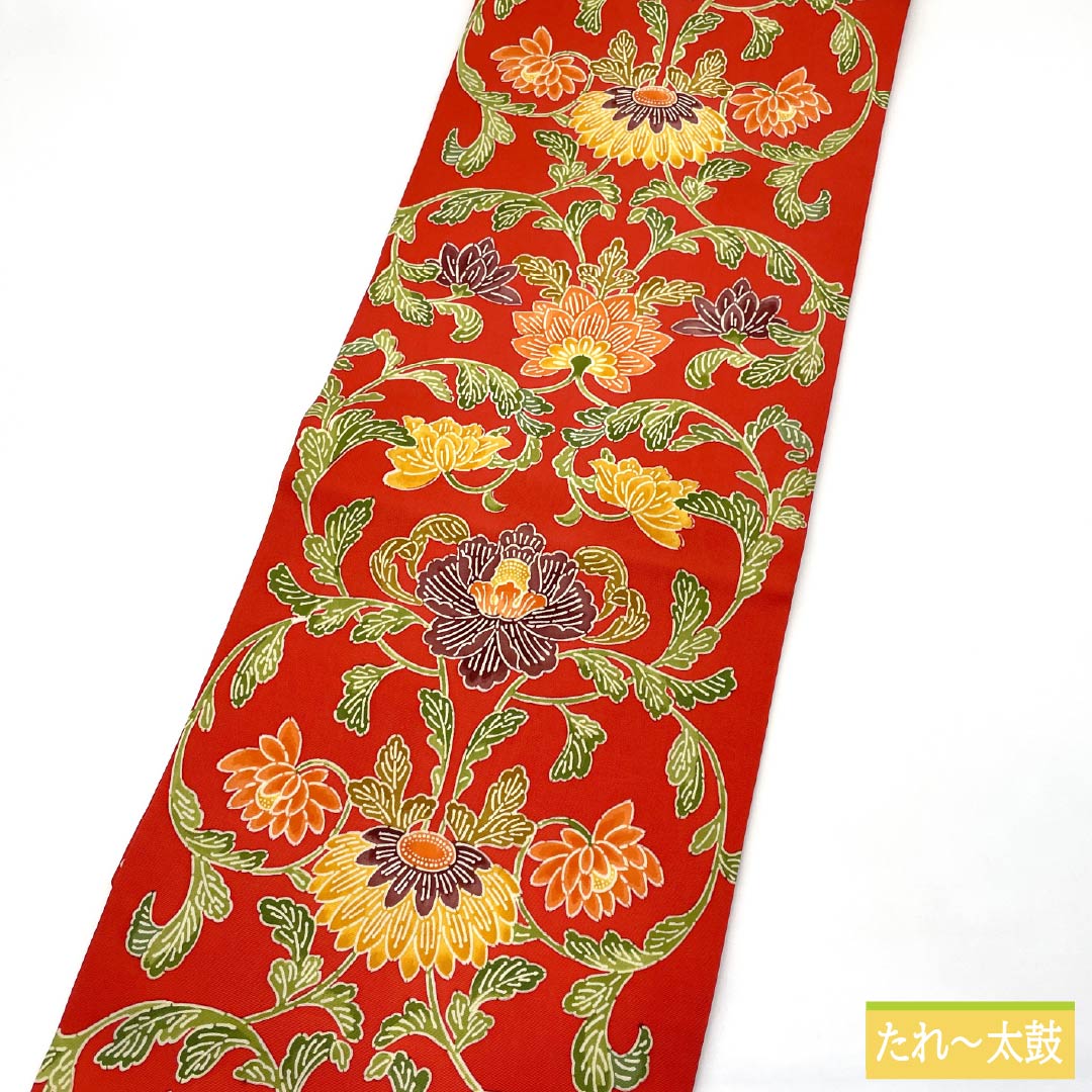 Nagoya Obi, Pure Silk, Rank A, Akabeni-iro (Crimson Red), Kyo-Bingata, Floral Pattern, Obi Length 346cm, Zentsu, Casual, Red Tones, 1124011163312, Nagoya Tailored