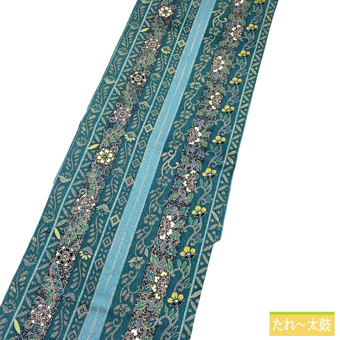 名古屋帯 正絹 Aランク 名古屋仕立て 深藍色(ふかきあいいろ) 更紗 縞 長尺 帯丈407cm 全通 セミフォーマル 青系 1124011643417