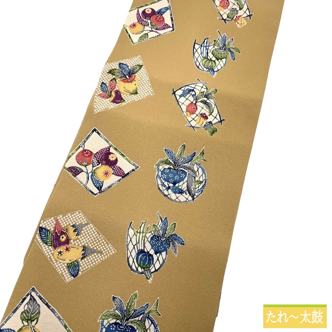 名古屋帯 正絹 Aランク 名古屋仕立て 胡桃色(くるみいろ) 型染 古典柄 野菜 帯丈362cm 全通 カジュアル ベージュ系 1124012123325