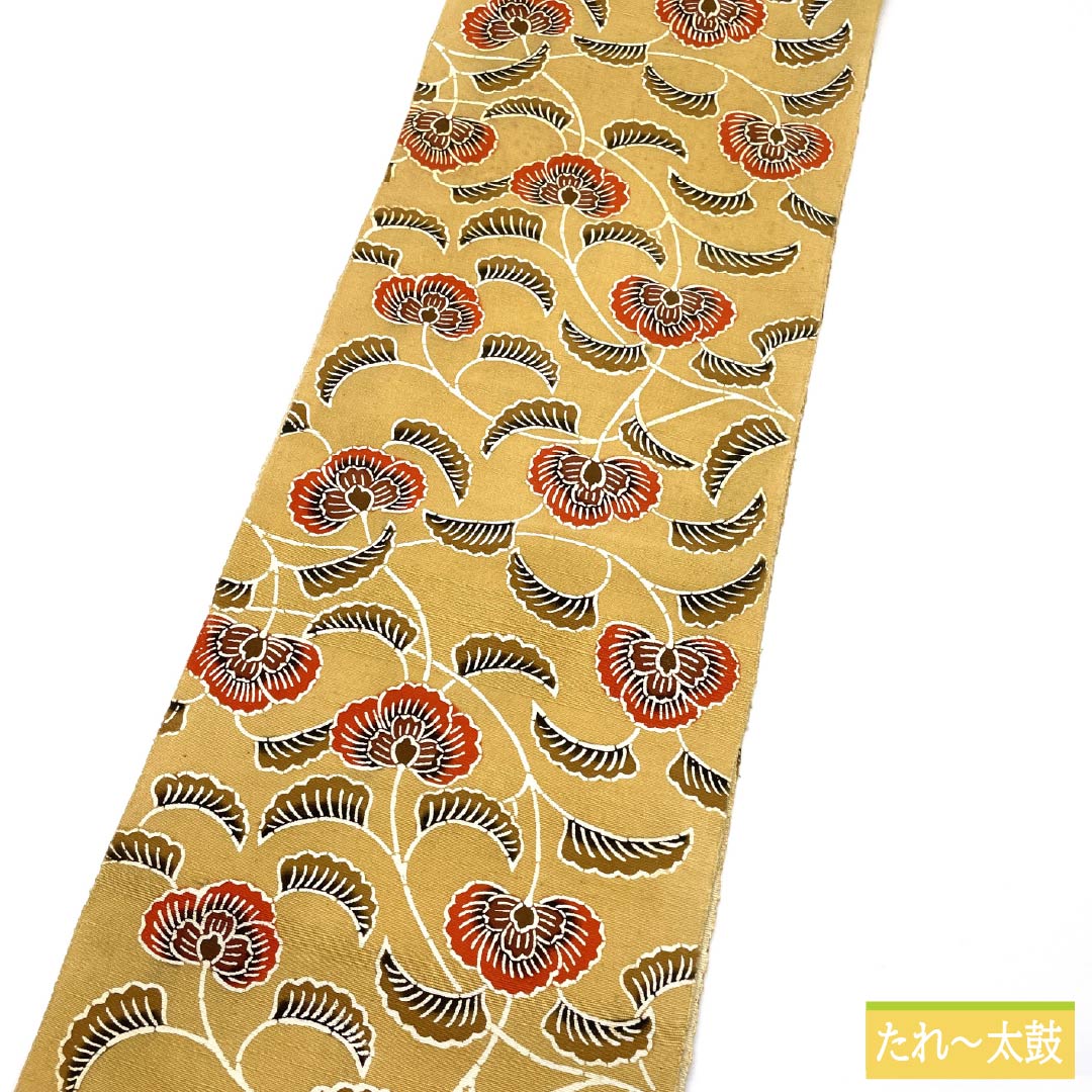 Nagoya Obi Silk A Rank Straw Yellow Kyo-Bingata Arabesque Pattern Tsumugi Weave 362cm Length Rokutsu Casual Beige 1124011213325 Matsuba-Jitate