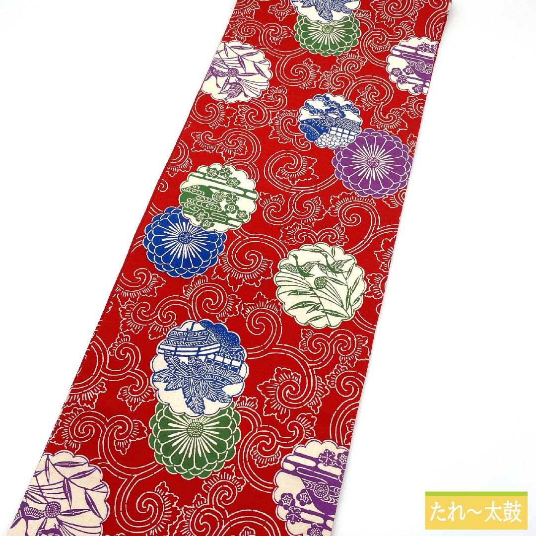 Nagoya Obi, Pure Silk, A Rank, Turkish Red, Stenciled, Classic Pattern, Flower Wreath, Obi Length 367cm, Rokutsu, Casual, Red Tones, 1124011423312, Nagoya Tailoring