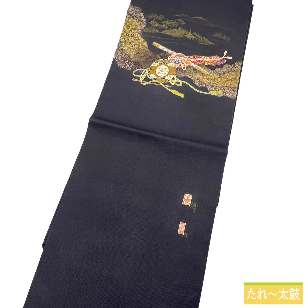 名古屋帯 正絹 Aランク 名古屋仕立て 黒鼠色(くろねずいろ) 古典柄 塩瀬 和楽器 帯丈370cm ポイント柄 セミフォーマル 黒系 1124012573310