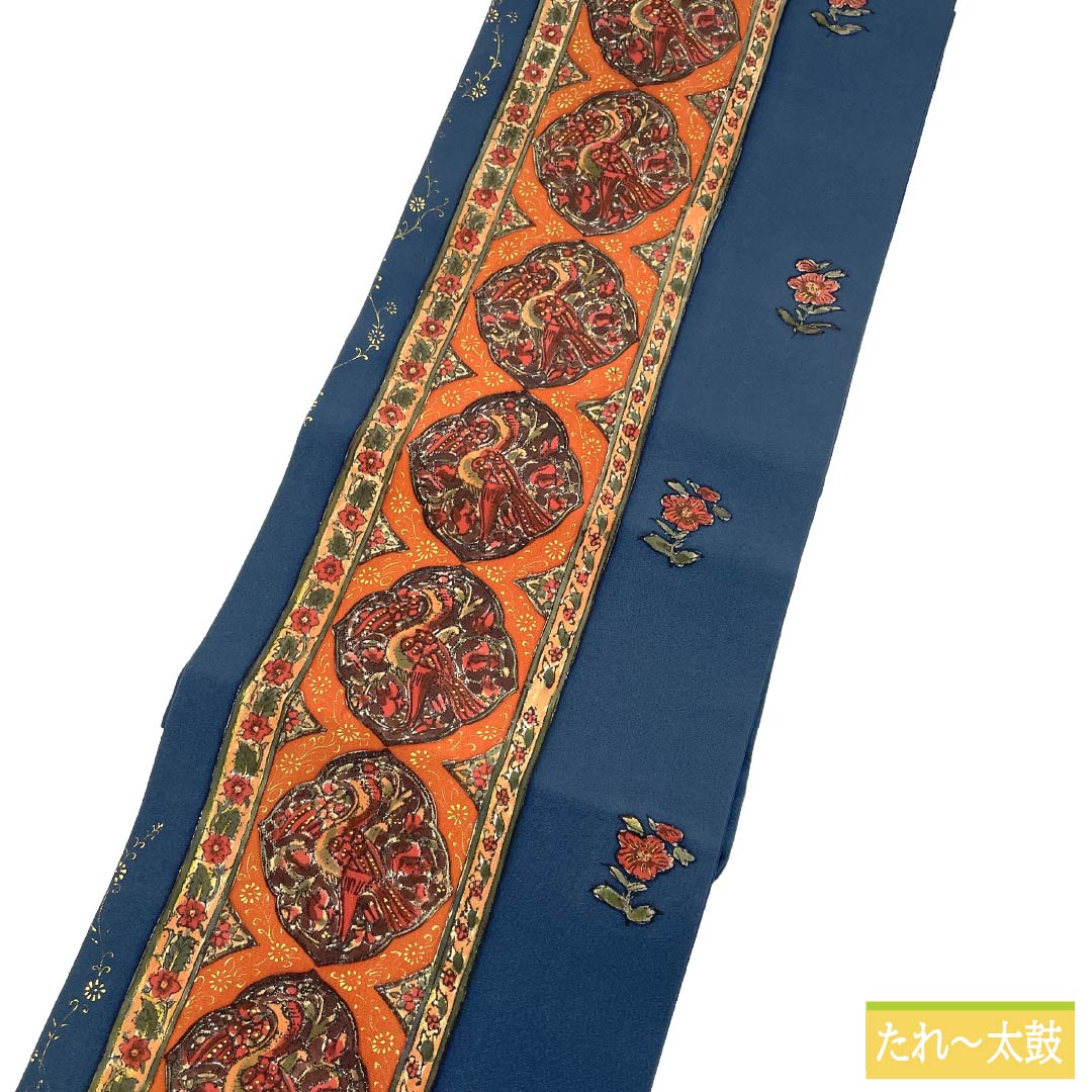 Nagoya obi, genuine silk, S rank, Nagoya tailoring, dark bluish gray, dyed obi, sarasa pattern, obi length 350cm, rokutsu, casual, navy blue system, 1124011882318