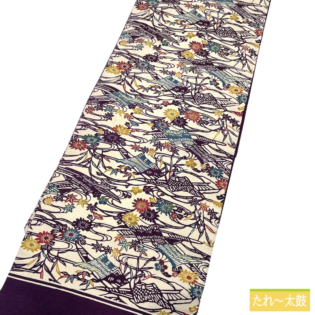 Nagoya obi, genuine silk, Rank A, Nagoya tailoring, Futarishizuka-iro (muted purple), stencil-dyed, Bingata style, plant-dyed, obi length 346cm, Rokutsu (design on six panels), casual, purple family, 1124011793320