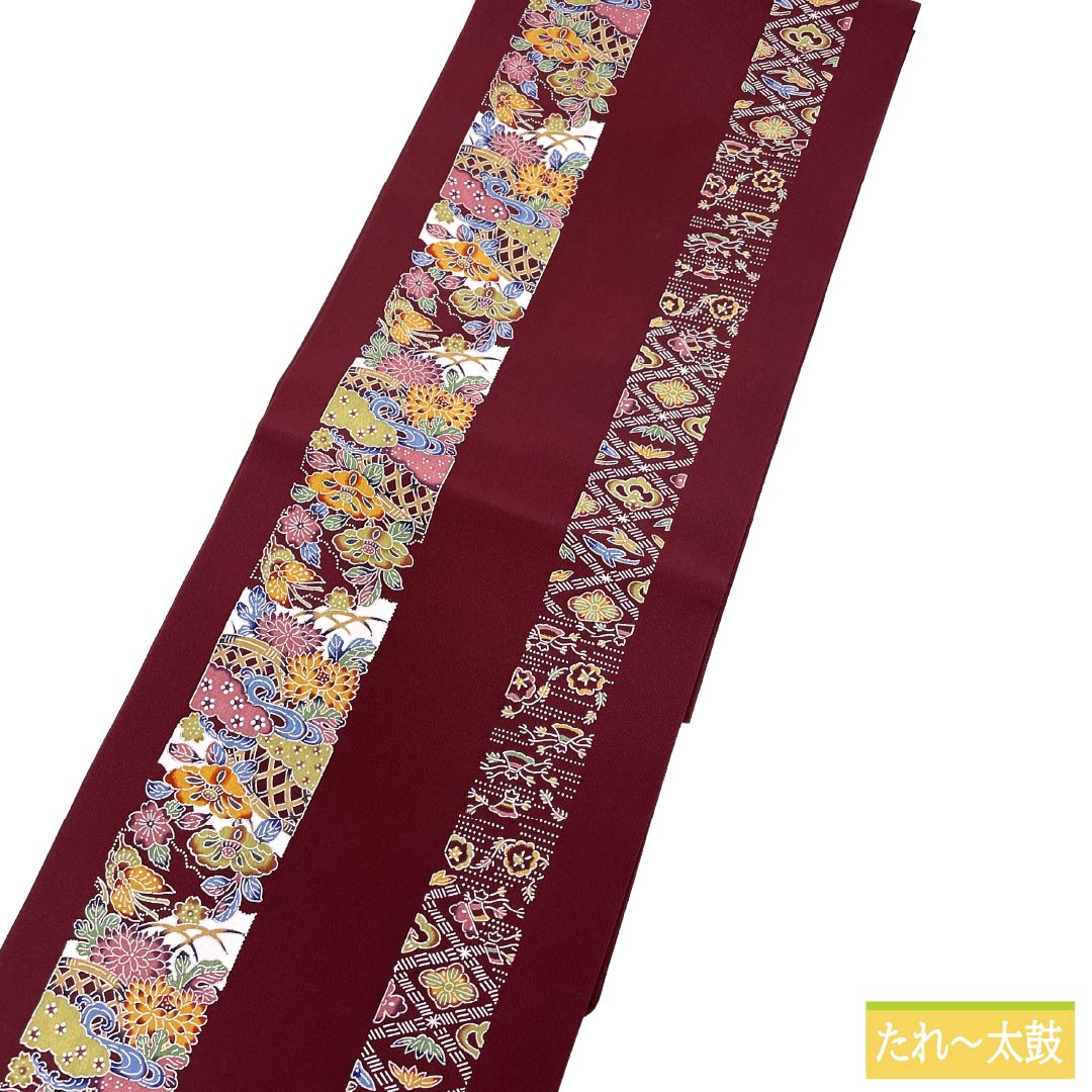 Nagoya obi, genuine silk, Rank A, Nagoya tailoring, Mokuran-iro (pale yellow), Kyo-bingata, stripes, classical pattern, obi length 360cm, full-width pattern, casual, purple-tones, 1124011693320