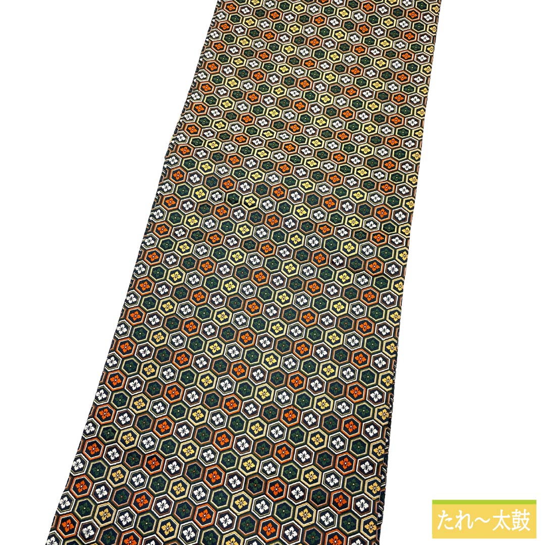 名古屋帯 正絹 Sランク 名古屋仕立て 黒色(くろいろ) 古典柄 亀甲 花菱 帯丈350cm 全通 セミフォーマル グラデーション系 1124012382399