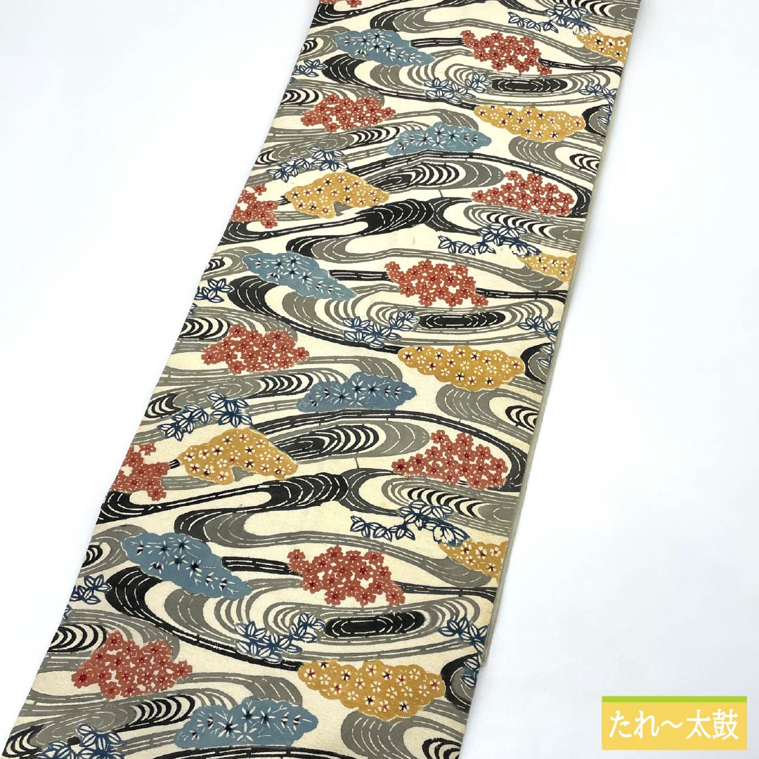 Nagoya obi, genuine silk, B rank, milky white, Kyo-bingata, flowing water, classical pattern, obi length 345cm, rokkutsu, casual, beige, 1124011284325, Nagoya style
