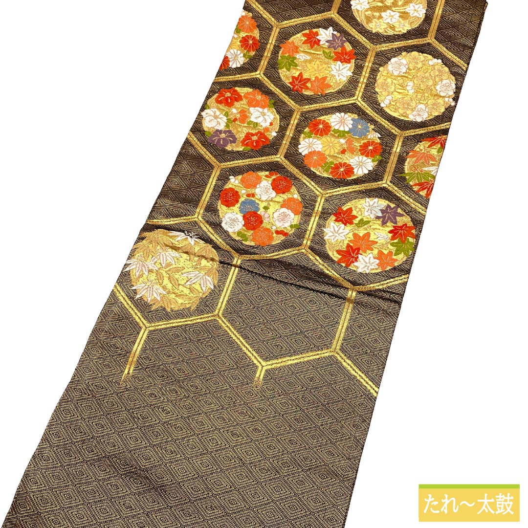 名古屋帯 正絹 Aランク 名古屋仕立て 金色(きんいろ) 佐賀錦 古典柄 亀甲 帯丈353cm ポイント柄 セミフォーマル 金系 1124012543321