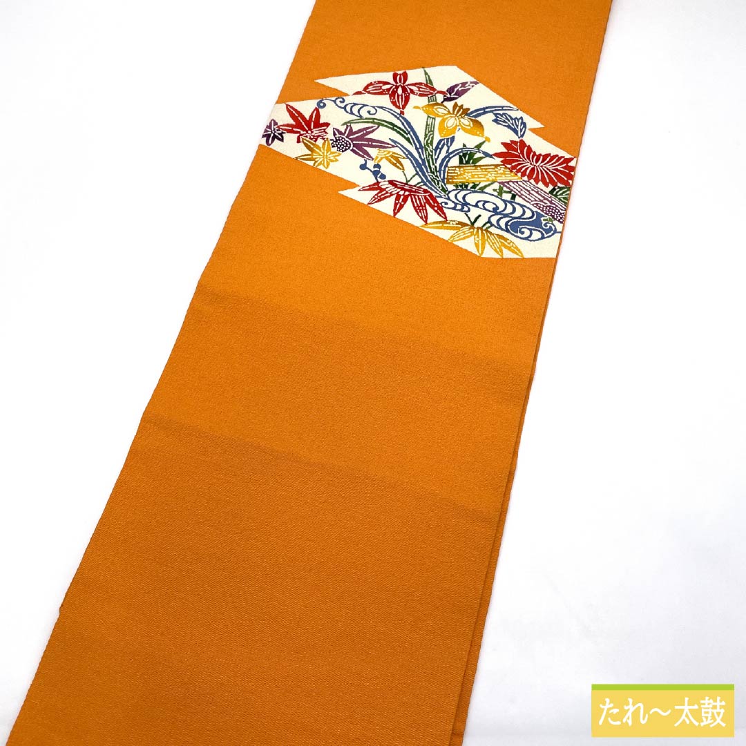 Nagoya obi, genuine silk, Rank A, orange, stencil-dyed, chirimen fabric, classic pattern, obi length 350cm, partial pattern, casual, orange-toned, 1124011483326, Nagoya style tailoring