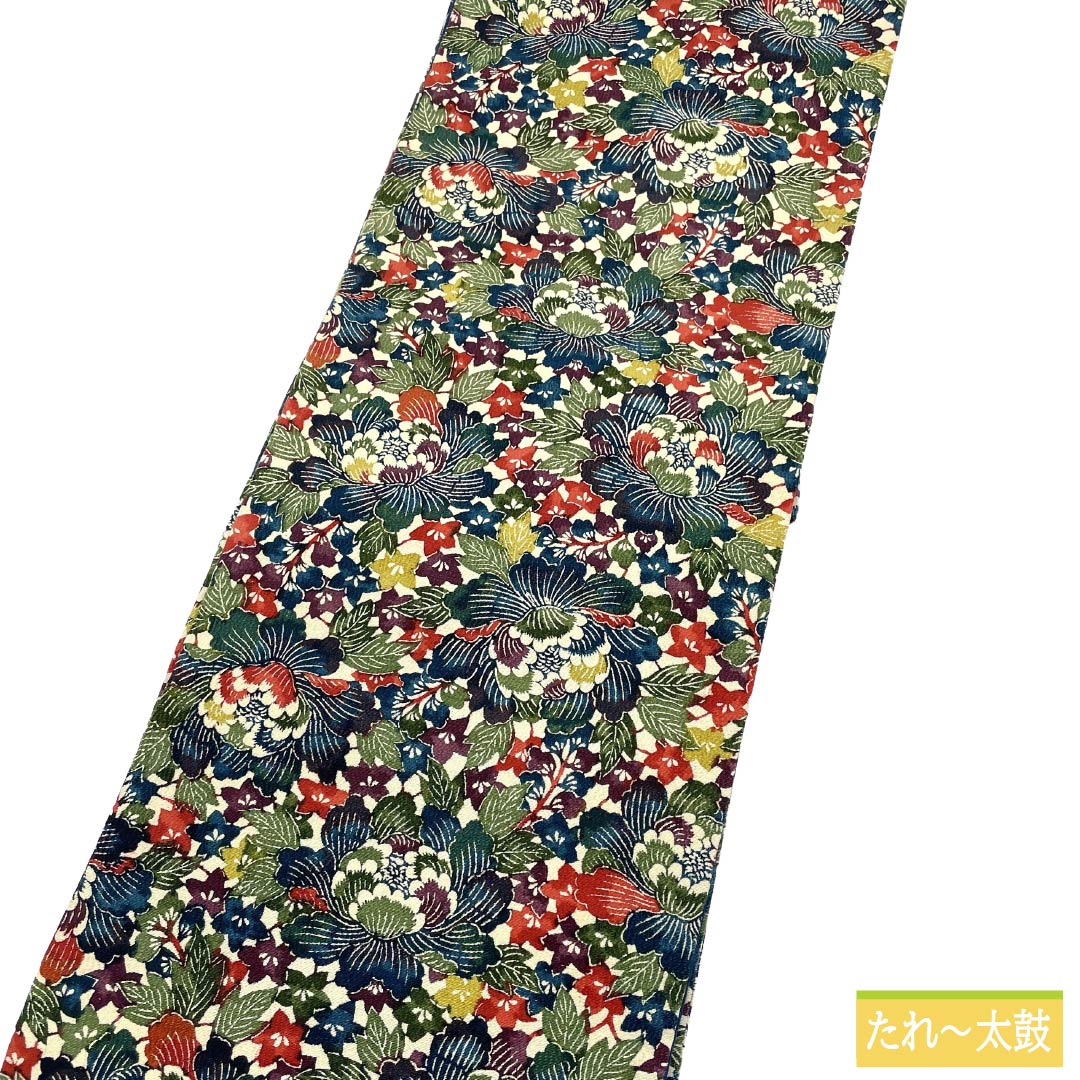 Nagoya obi, genuine silk, S-rank, Nagoya tailoring, Berlin blue, Kyo-bingata, bingata style, floral pattern, obi length 358cm, all-over pattern, casual, blue, 1124011922317