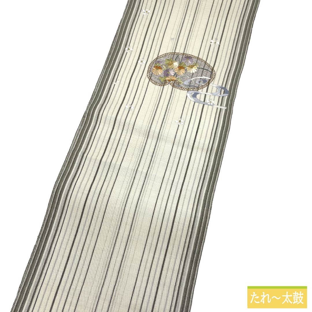名古屋帯 正絹 Aランク 松葉仕立て 乳白色(にゅうはくしょく) 蘇州刺繡 花柄 古典柄 帯丈376cm ポイント柄 セミフォーマル 白系 1124011673311
