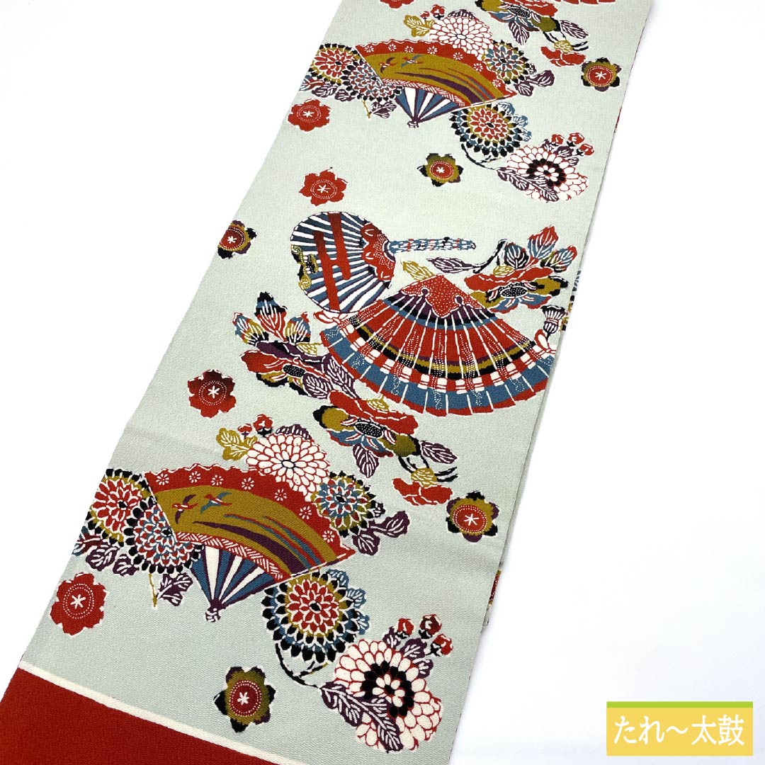 名古屋帯 正絹 Aランク 青白磁色(せいはくじいろ) 型染 扇 花 帯丈350cm 全通 カジュアル 水色系 1124011573324 名古屋仕立て