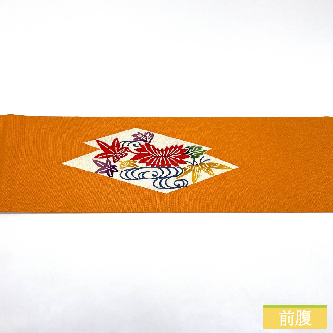 Nagoya obi, genuine silk, Rank A, orange, stencil-dyed, chirimen fabric, classic pattern, obi length 350cm, partial pattern, casual, orange-toned, 1124011483326, Nagoya style tailoring
