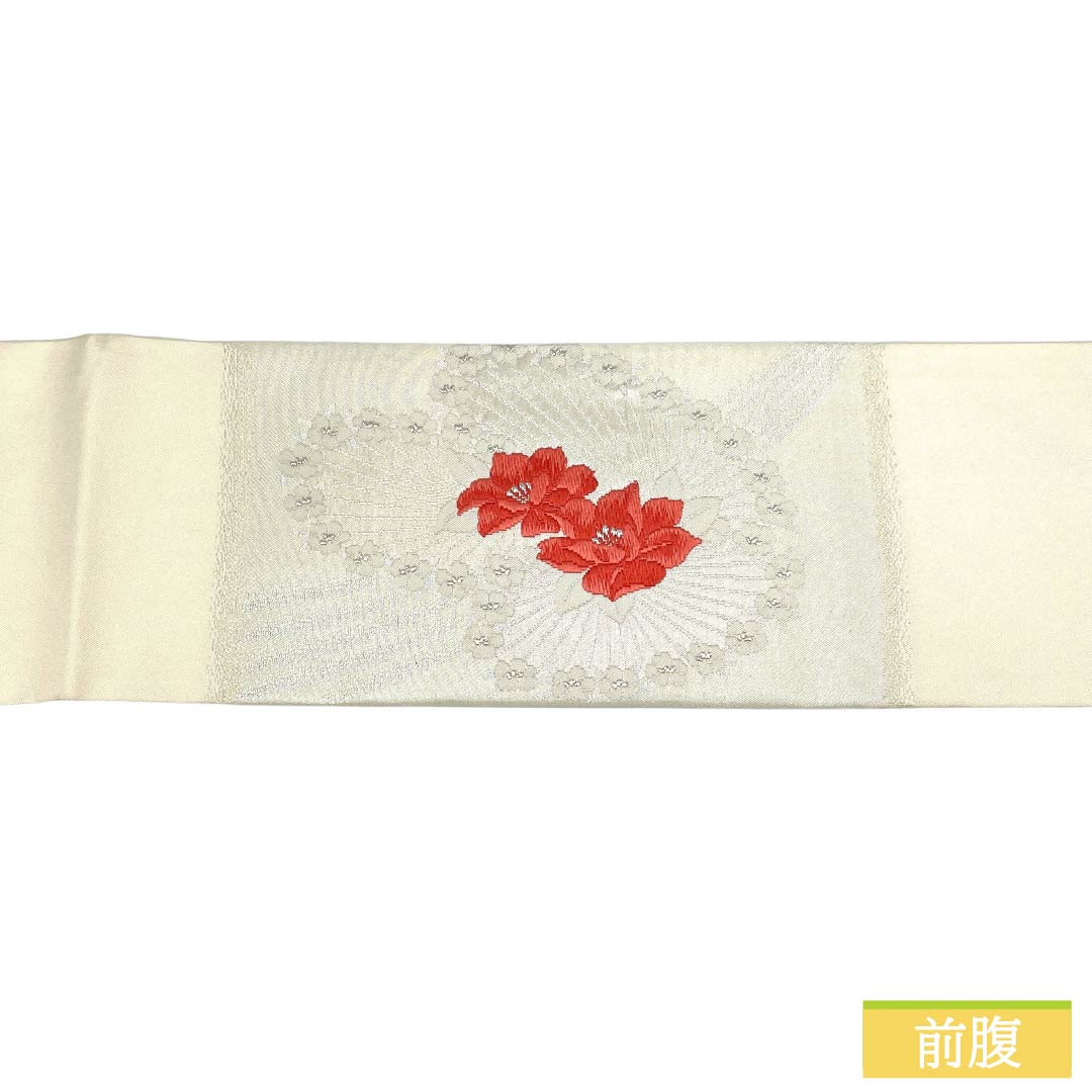 名古屋帯 正絹 Aランク 名古屋仕立て 胡粉色(ごふんいろ) 草花模様 帯丈347cm ポイント柄 セミフォーマル 白系 1124012283311