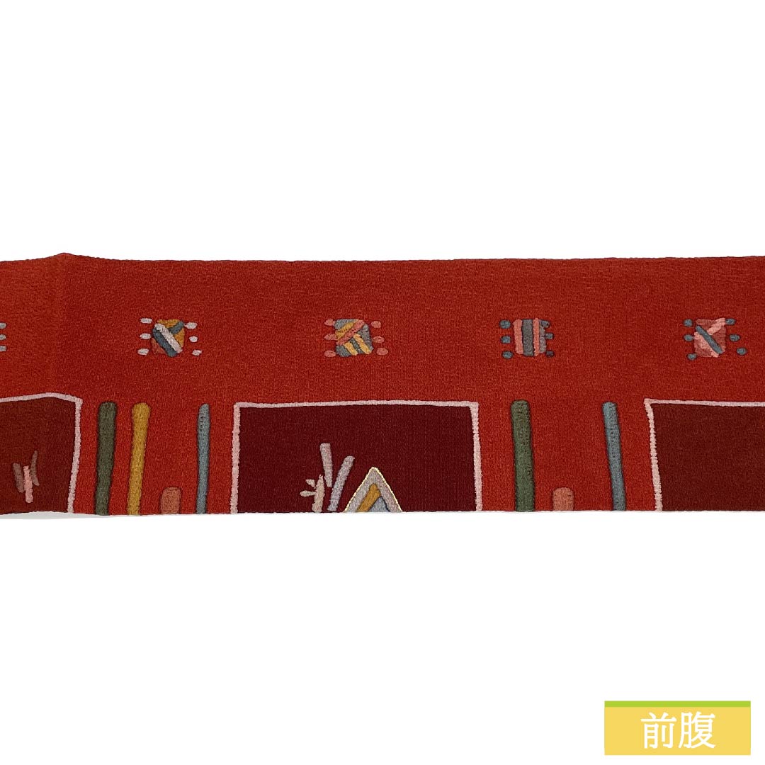 名古屋帯 正絹 Aランク 牛血紅色(ぎゅうけつこういろ) 型染 ふるさと 糸巻 帯丈362cm 全通 カジュアル 赤系 1124011563312 名古屋仕立て