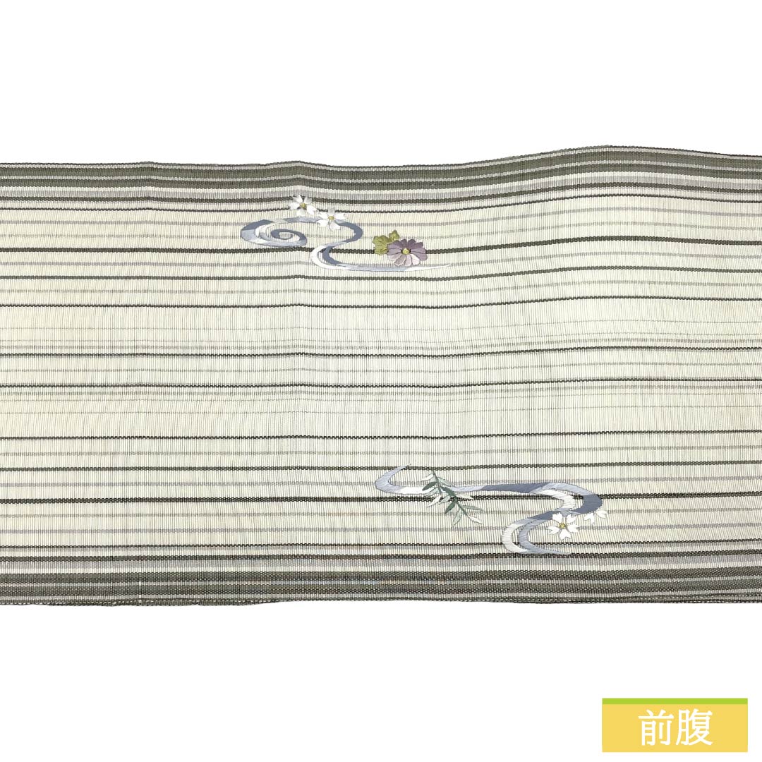 名古屋帯 正絹 Aランク 松葉仕立て 乳白色(にゅうはくしょく) 蘇州刺繡 花柄 古典柄 帯丈376cm ポイント柄 セミフォーマル 白系 1124011673311