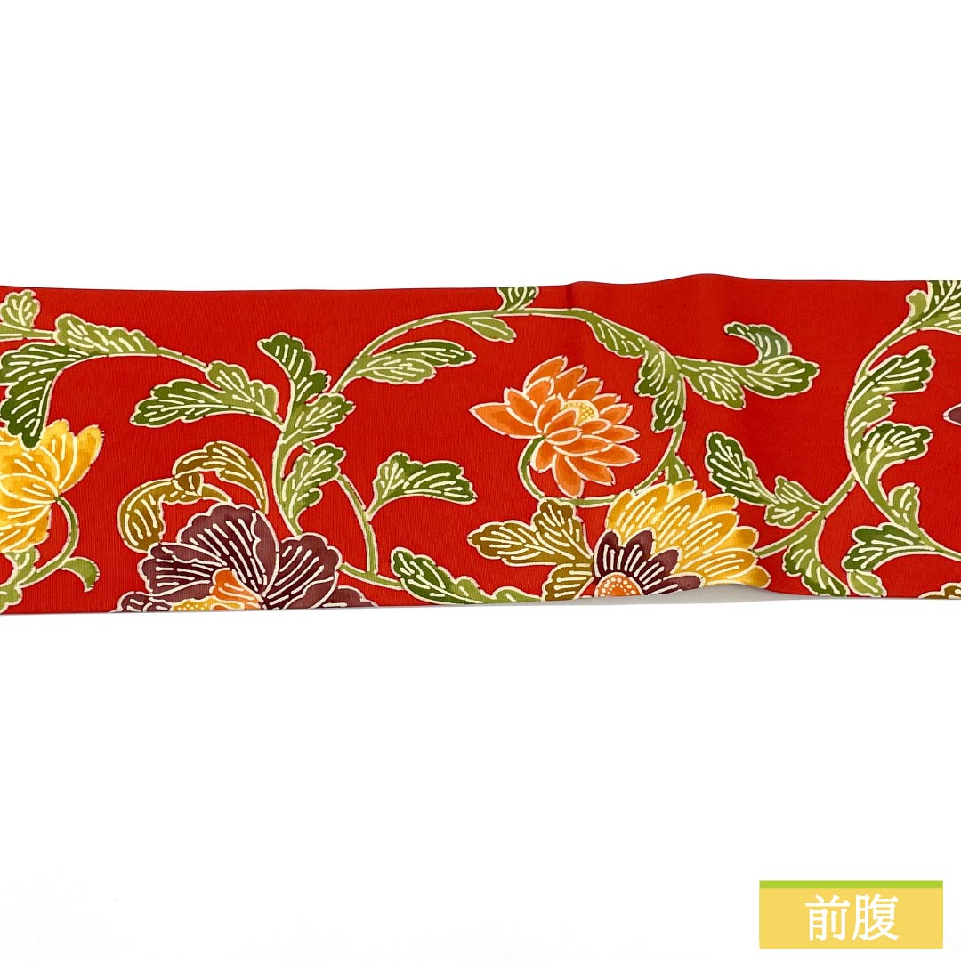 Nagoya Obi, Pure Silk, Rank A, Akabeni-iro (Crimson Red), Kyo-Bingata, Floral Pattern, Obi Length 346cm, Zentsu, Casual, Red Tones, 1124011163312, Nagoya Tailored