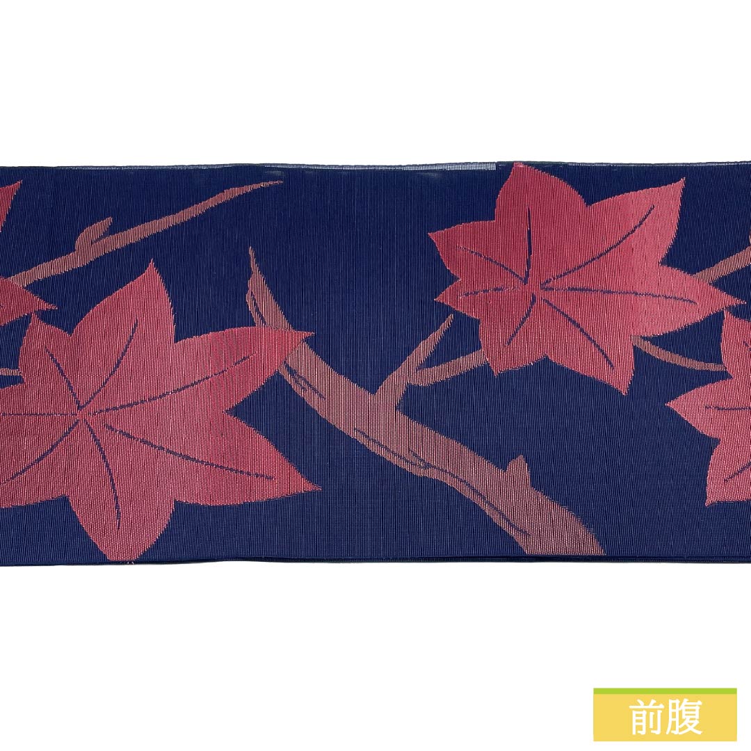 名古屋帯 正絹 Sランク 松葉仕立て 紺色(こんいろ) 夏帯 紅葉 古典柄 帯丈345cm 六通 カジュアル 紺系 1124011902318