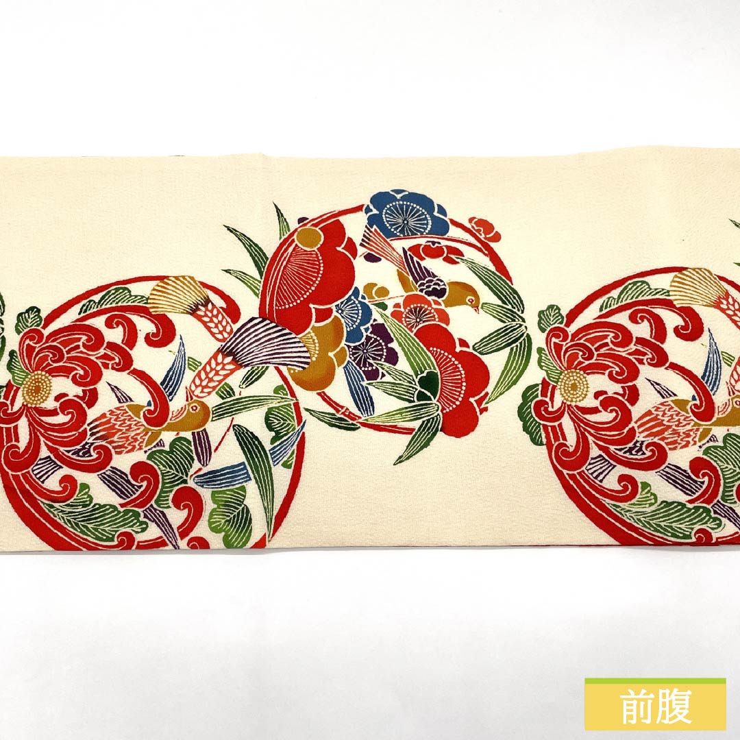 Nagoya obi, genuine silk, B rank, milky white, Kyoto bingata, floral, classic pattern, obi length 363cm, full pattern, casual, white, 1124011224311, Matsuba-style tailoring