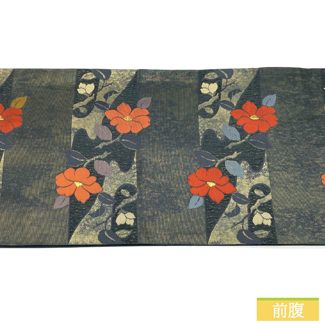 Nagoya obi, genuine silk, A rank, Matsuba-shitate, Tetsunezumi-iro (dark gray), Kinryosoka-mon, Tanaka Fumiko, floral pattern, obi length 358cm, rokkutsu, semi-formal, gray系, 1124011583322