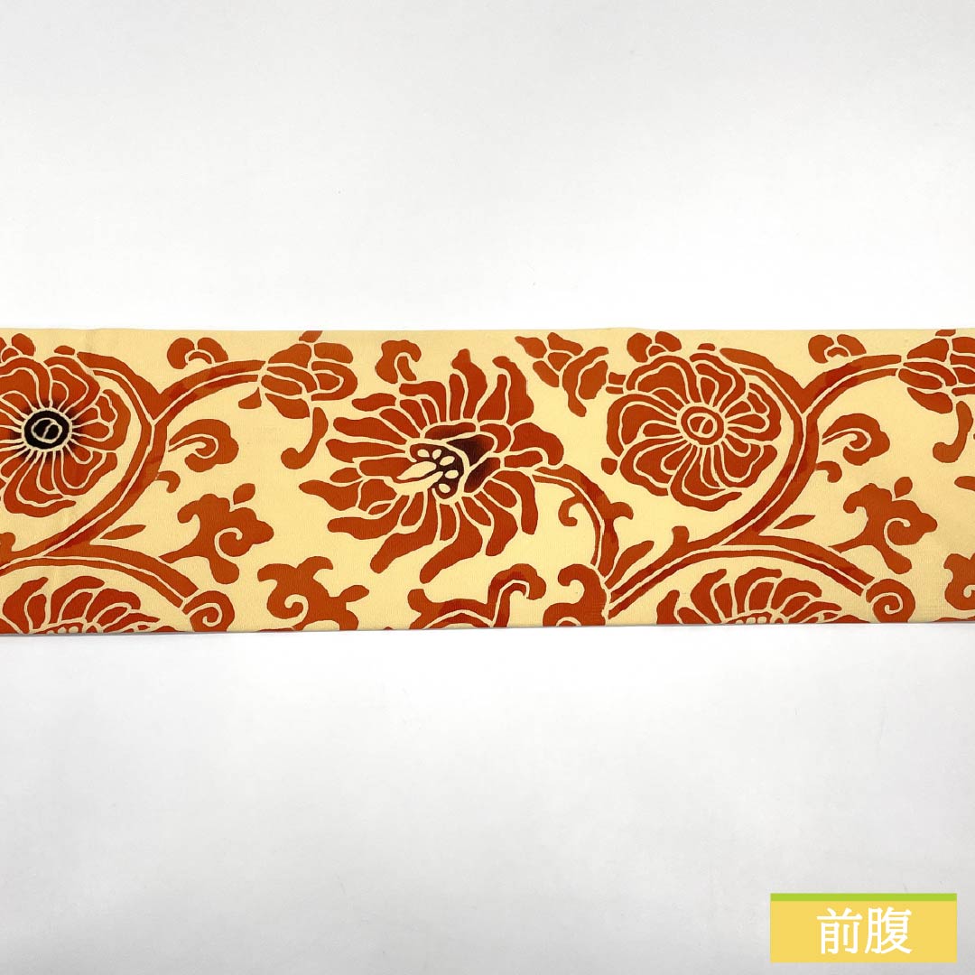 Nagoya Obi, genuine silk, A rank, Mitsudasou-iro (ocher yellow), stencil-dyed arabesque pattern, abstract floral pattern, obi length 358cm, partial pattern, casual, cream-colored, 1124011263315, Nagoya tailoring