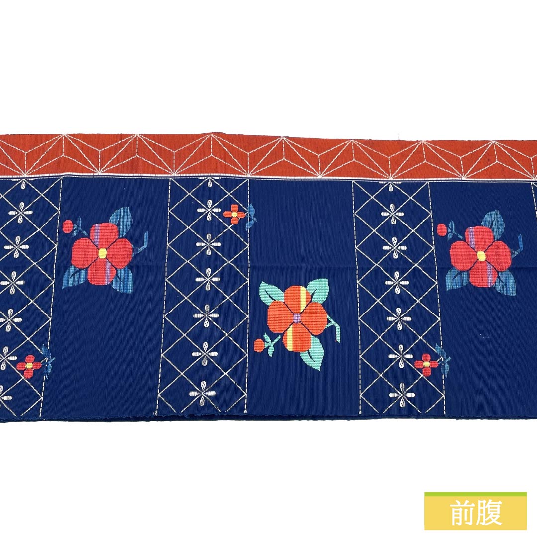 名古屋帯 正絹 Aランク 松葉仕立て 韓藍色(からあいいろ) 花柄 レトロ 麻の葉 帯丈363cm 六通 カジュアル 紺系 1124011843318