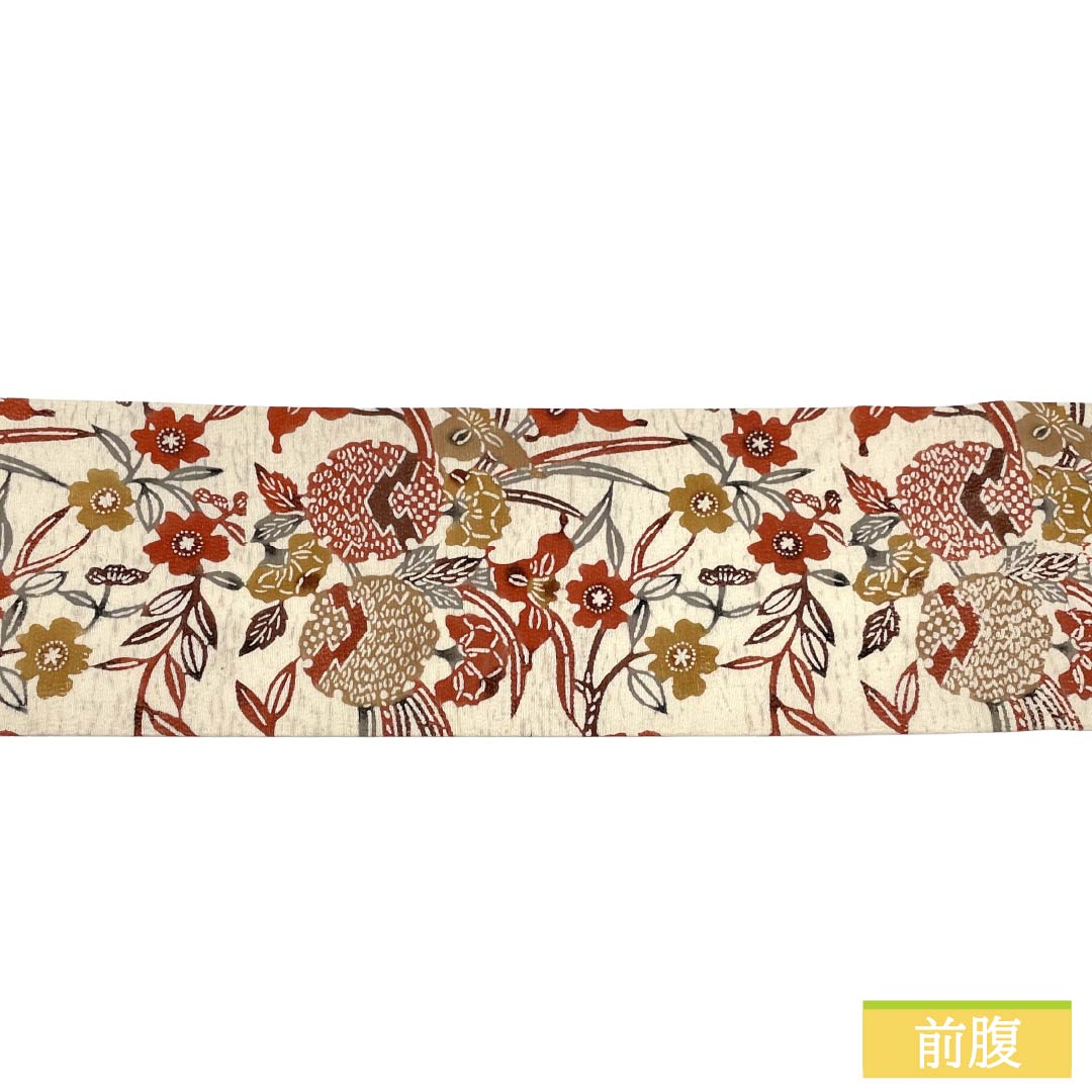Nagoya obi, genuine silk, Rank A, Nagoya tailoring, Neri-iro (off-white), Kyoto Yuzen bingata, coral color, classic pattern, obi length 340cm, rokkutsu (pattern on 60% of the obi), casual, white-based, 1124012013311