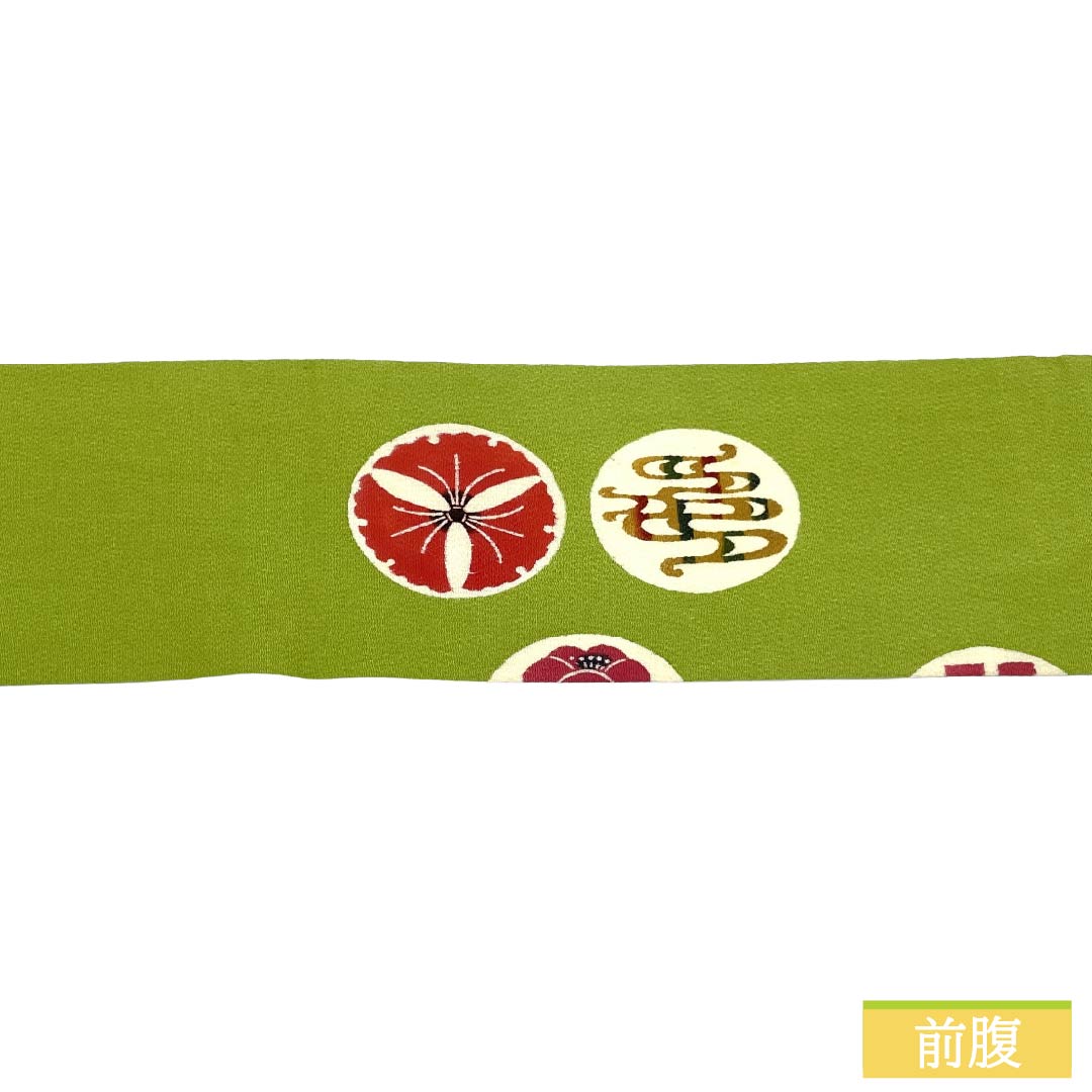 Nagoya obi, genuine silk, Rank A, Nagoya tailoring, koenshoku (light greenish yellow) with katazome, classic patterns, circular classic pattern, obi length 342cm, point pattern, casual, green tones, 1124011933319