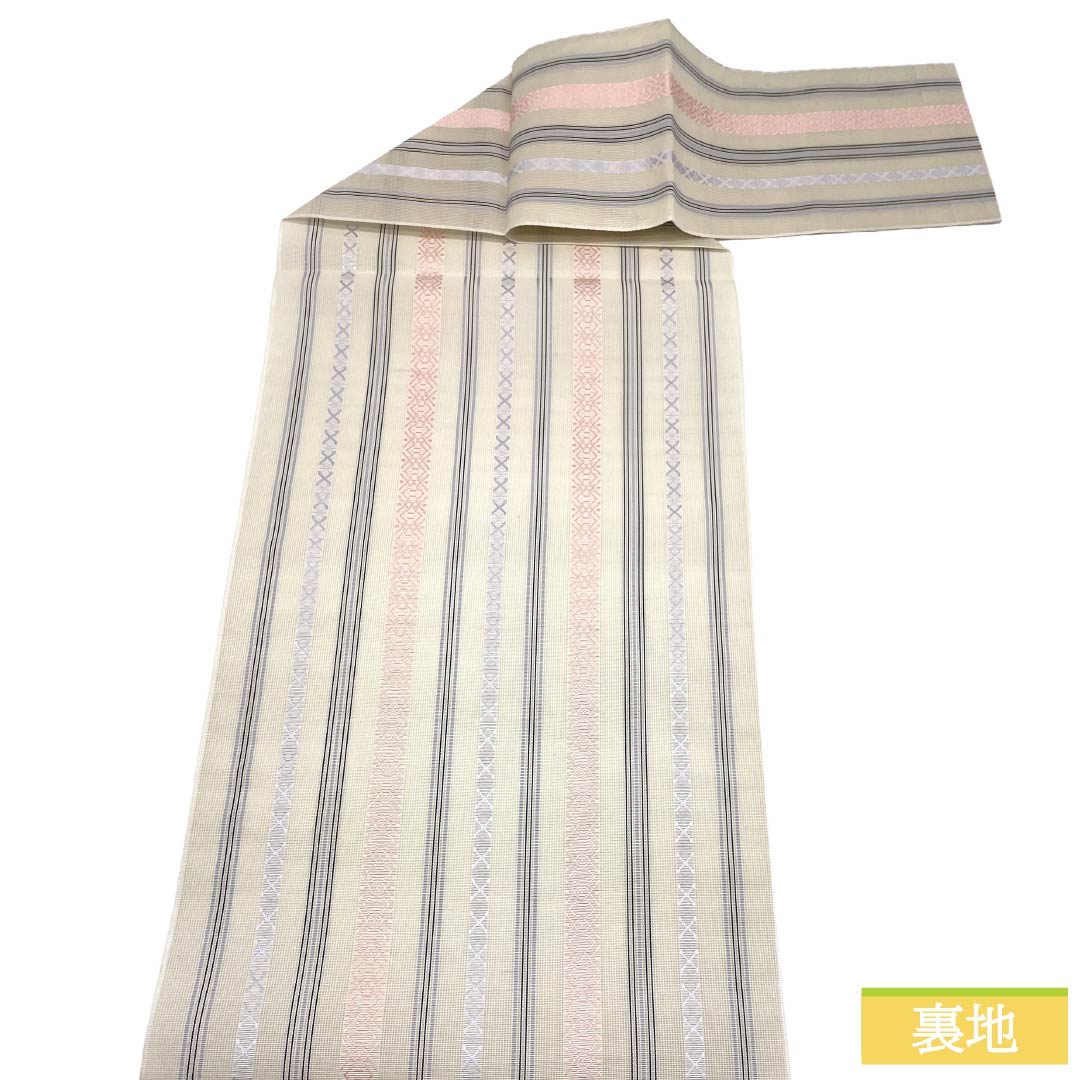 (新品)名古屋帯 正絹 NEWランク 松葉仕立て 象牙色(ぞうげいろ) 夏帯 博多織 献上柄 帯丈384cm 全通 カジュアル ベージュ系 1124013061425
