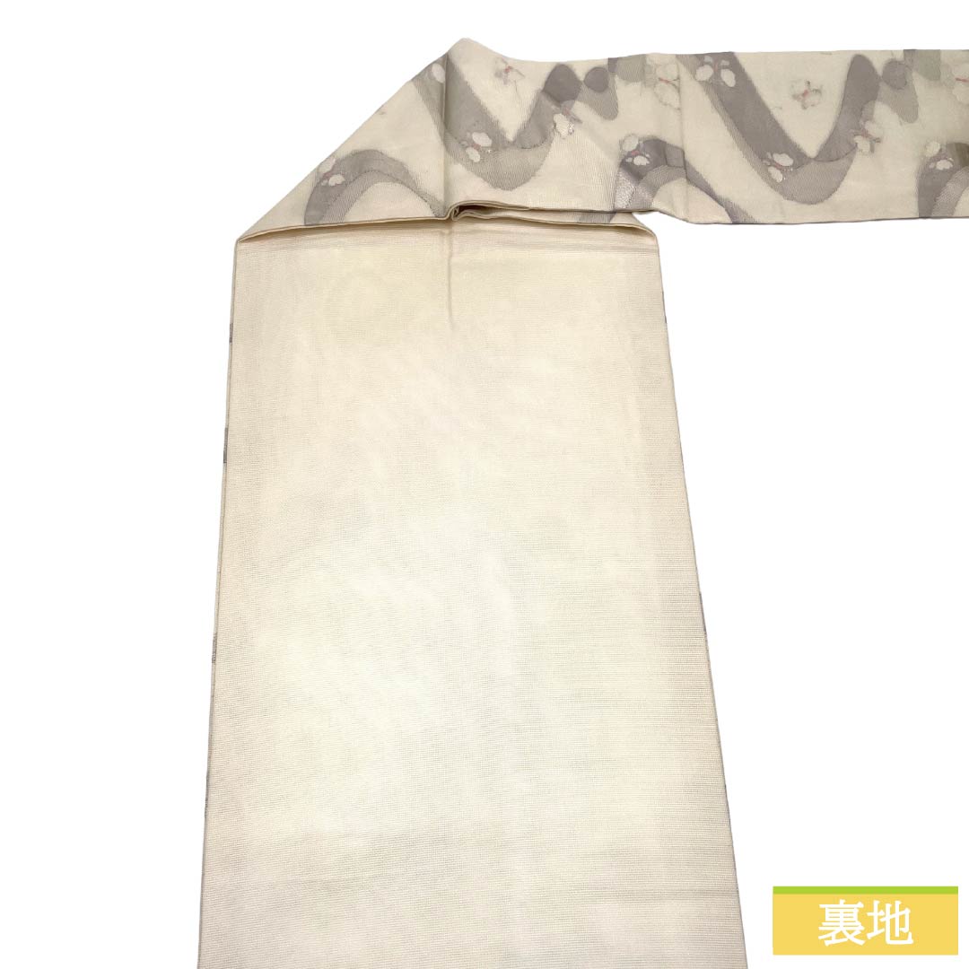 名古屋帯 正絹 Sランク 名古屋仕立て 乳白色(にゅうはくしょく) 蝶 夏帯 帯丈349cm 六通 セミフォーマル 白系 1124013152311