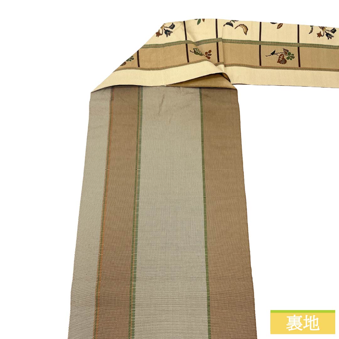 Nagoya obi, genuine silk, A rank, Nagoya tailoring, lattice, plants and botanical pattern, obi length 374cm, Rokutsu (pattern on six panels), casual, beige color, 1124011943325
