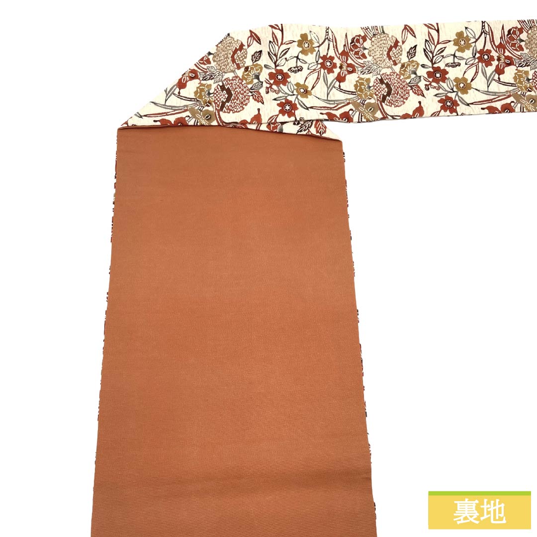 Nagoya obi, genuine silk, Rank A, Nagoya tailoring, Neri-iro (off-white), Kyoto Yuzen bingata, coral color, classic pattern, obi length 340cm, rokkutsu (pattern on 60% of the obi), casual, white-based, 1124012013311