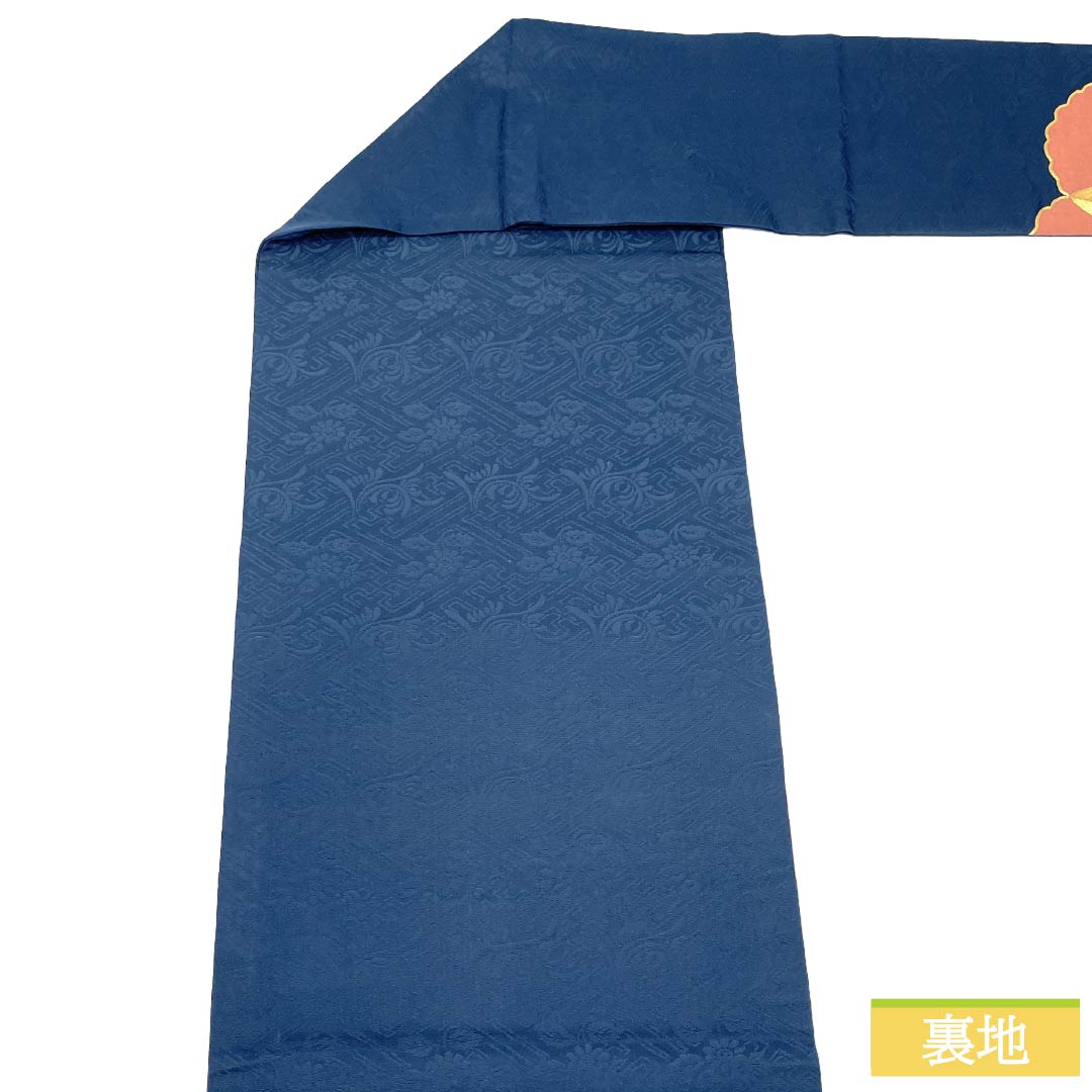 名古屋帯 正絹 Sランク 名古屋仕立て 韓藍色(からあいいろ) 抽象柄 紗綾形 金駒刺繡 帯丈348cm ポイント柄 セミフォーマル 紺系 1124012742318