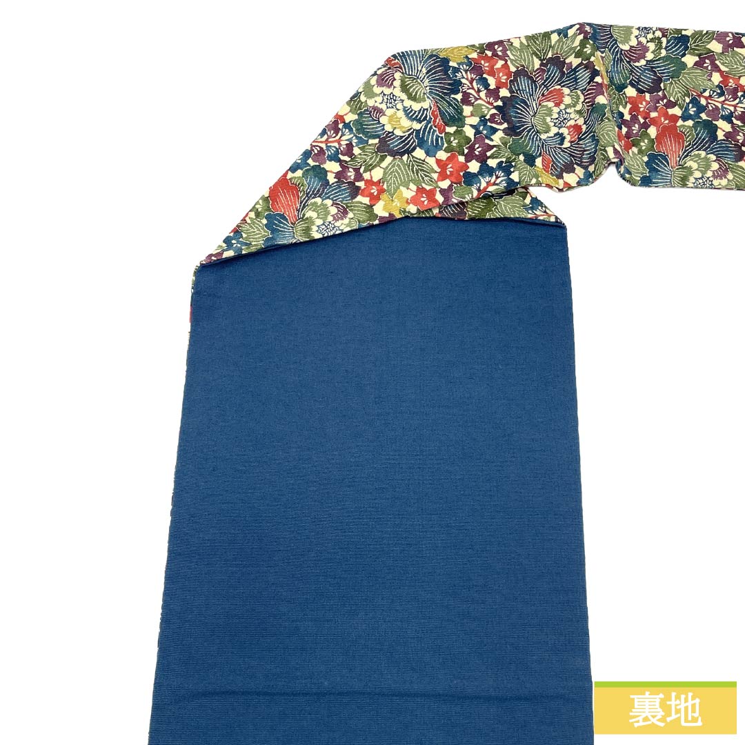 Nagoya obi, genuine silk, S-rank, Nagoya tailoring, Berlin blue, Kyo-bingata, bingata style, floral pattern, obi length 358cm, all-over pattern, casual, blue, 1124011922317