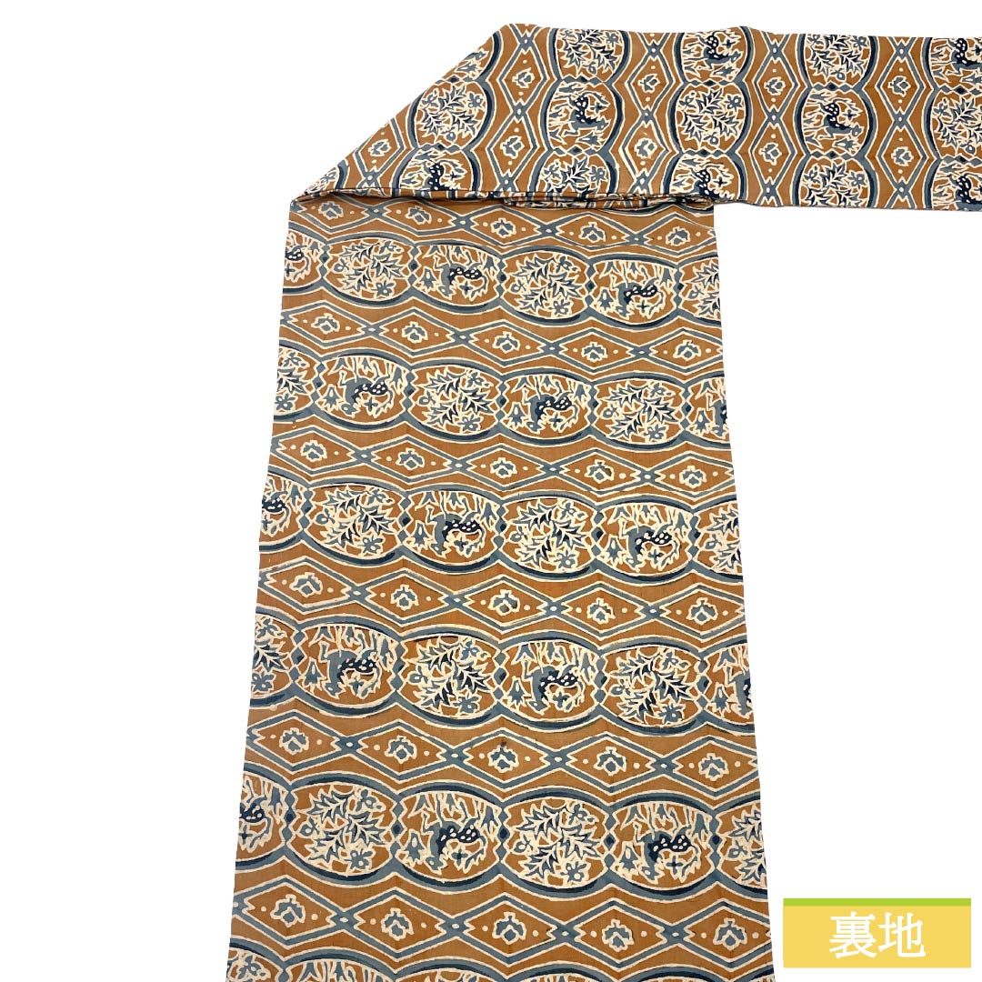 Nagoya obi, genuine silk, S rank, Nagoya-style tailoring, dyed obi, pongee fabric, stencil-dyed sarasa pattern, obi length 338cm, full pattern, casual, brown, 1124011952314