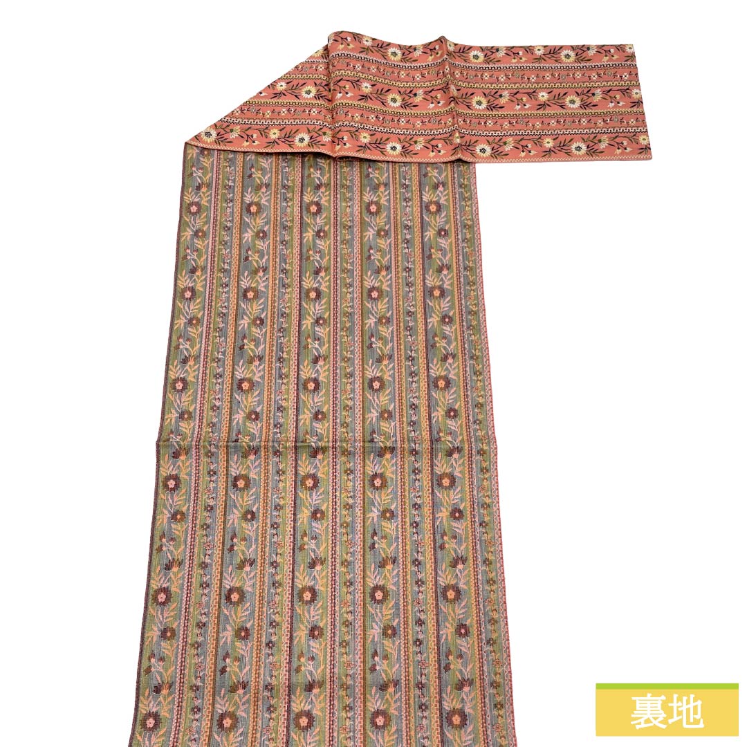 名古屋帯 正絹 Sランク 松葉仕立て 紅梅色(こうばいいろ) 縞 小花柄 帯丈330cm 全通 カジュアル ピンク系 1124012362313