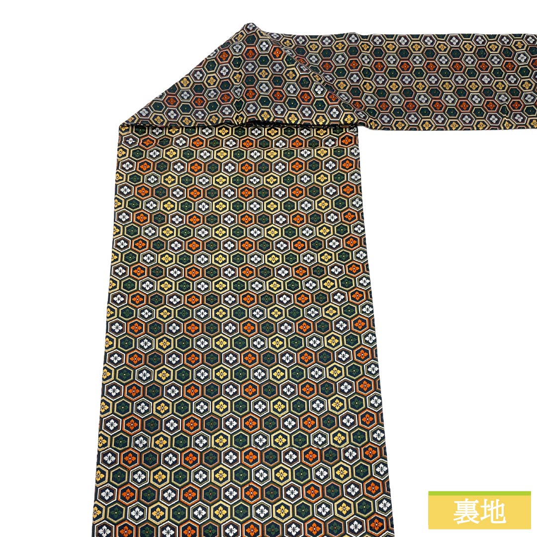 名古屋帯 正絹 Sランク 名古屋仕立て 黒色(くろいろ) 古典柄 亀甲 花菱 帯丈350cm 全通 セミフォーマル グラデーション系 1124012382399