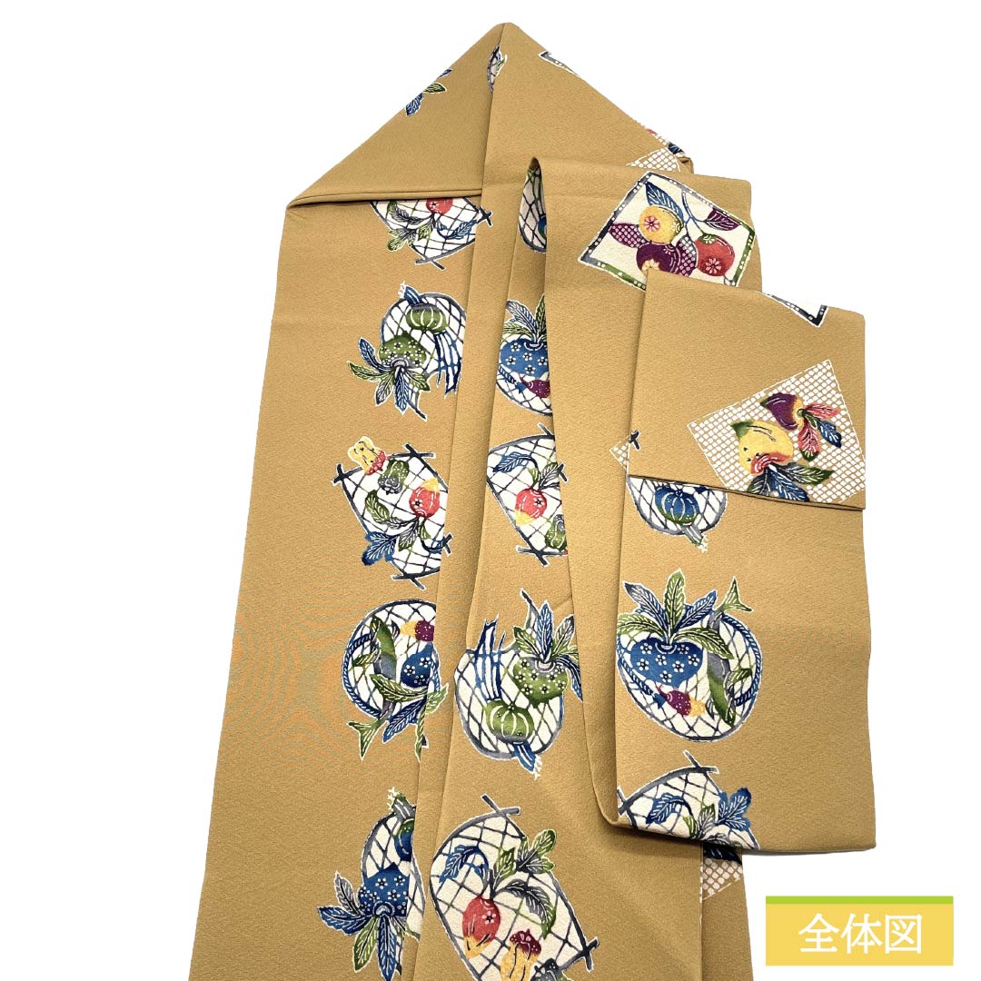 名古屋帯 正絹 Aランク 名古屋仕立て 胡桃色(くるみいろ) 型染 古典柄 野菜 帯丈362cm 全通 カジュアル ベージュ系 1124012123325