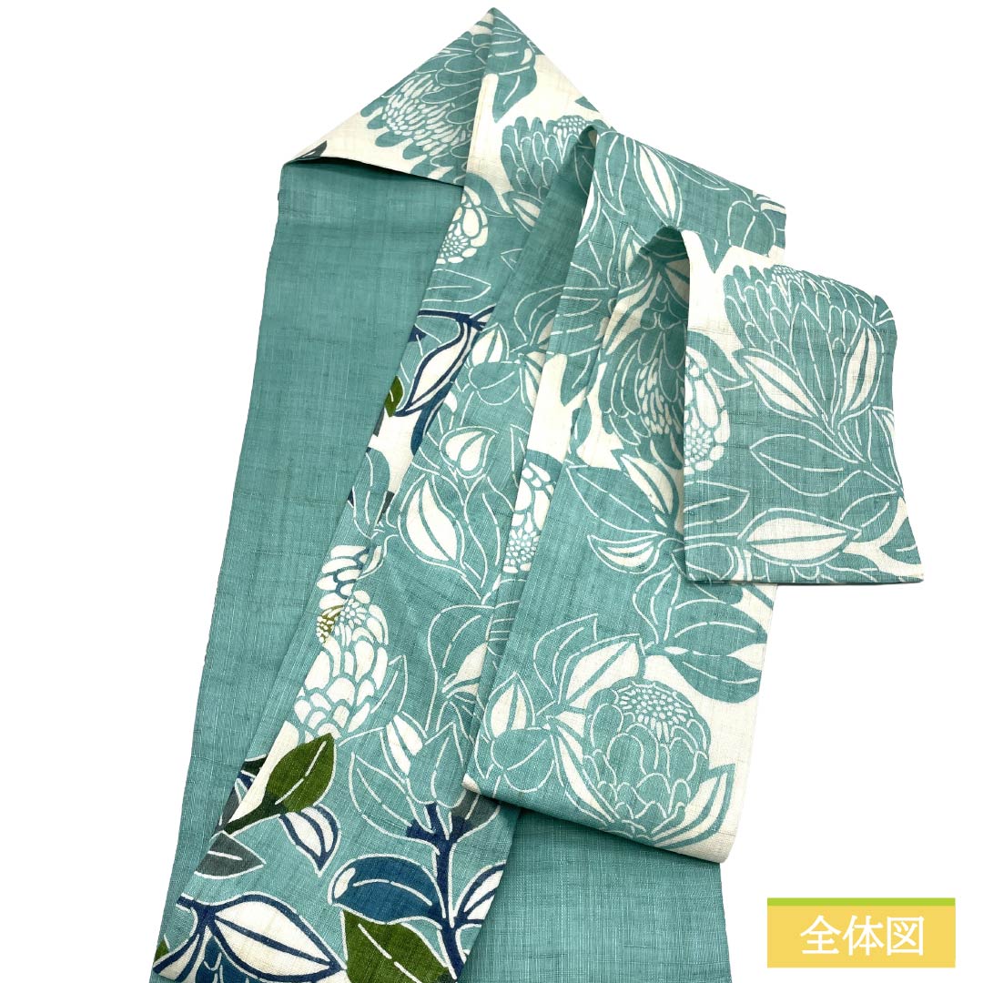(新品)名古屋帯 正絹 NEWランク 名古屋仕立て 花緑青色(はなろくしょういろ) 栗山吉三郎 京紅型 プロテア 帯丈378cm ポイント柄 カジュアル 緑系 1124013091319