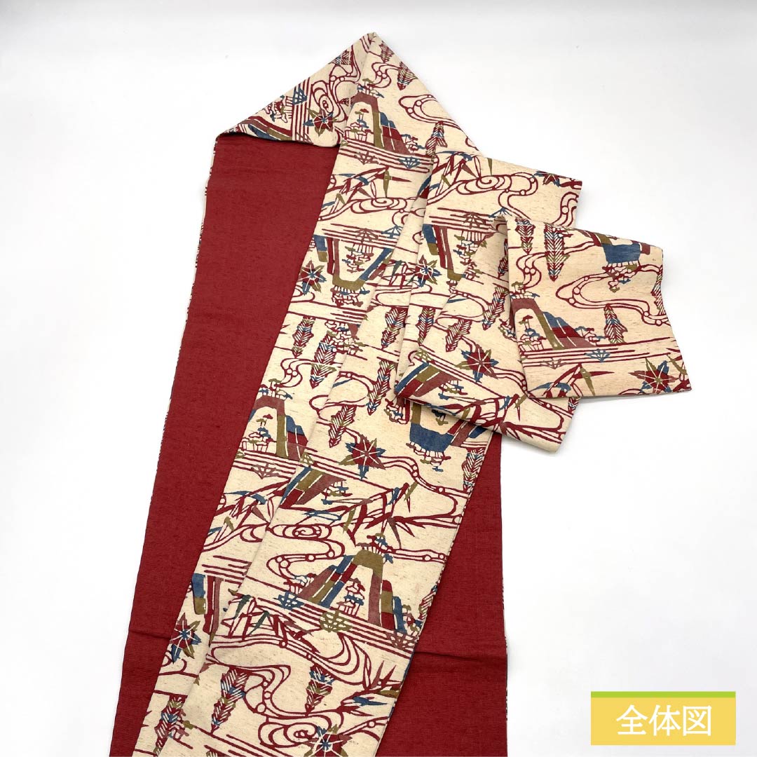 Nagoya obi, genuine silk, A rank, cream (neri-iro), plant-dyed, landscape painting, obi length 351cm, point pattern, casual, beige family, 1124011113325, Nagoya tailoring