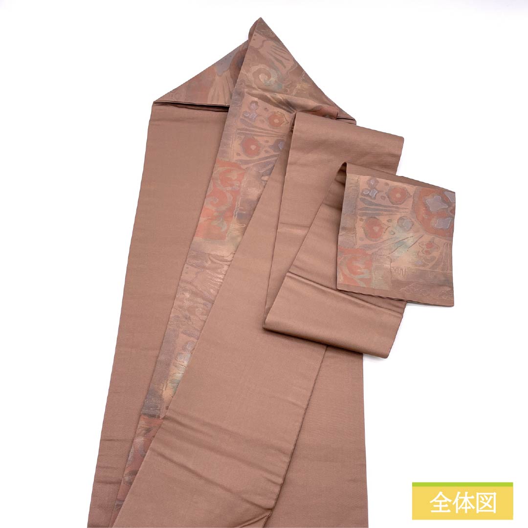 Nagoya Obi Silk A Rank Fushi-iro (Brownish Gray) Abstract Bird Pattern Obi Length 352cm Rokutsu Semi-Formal Brown 1124011353314 Nagoya-Style Finish
