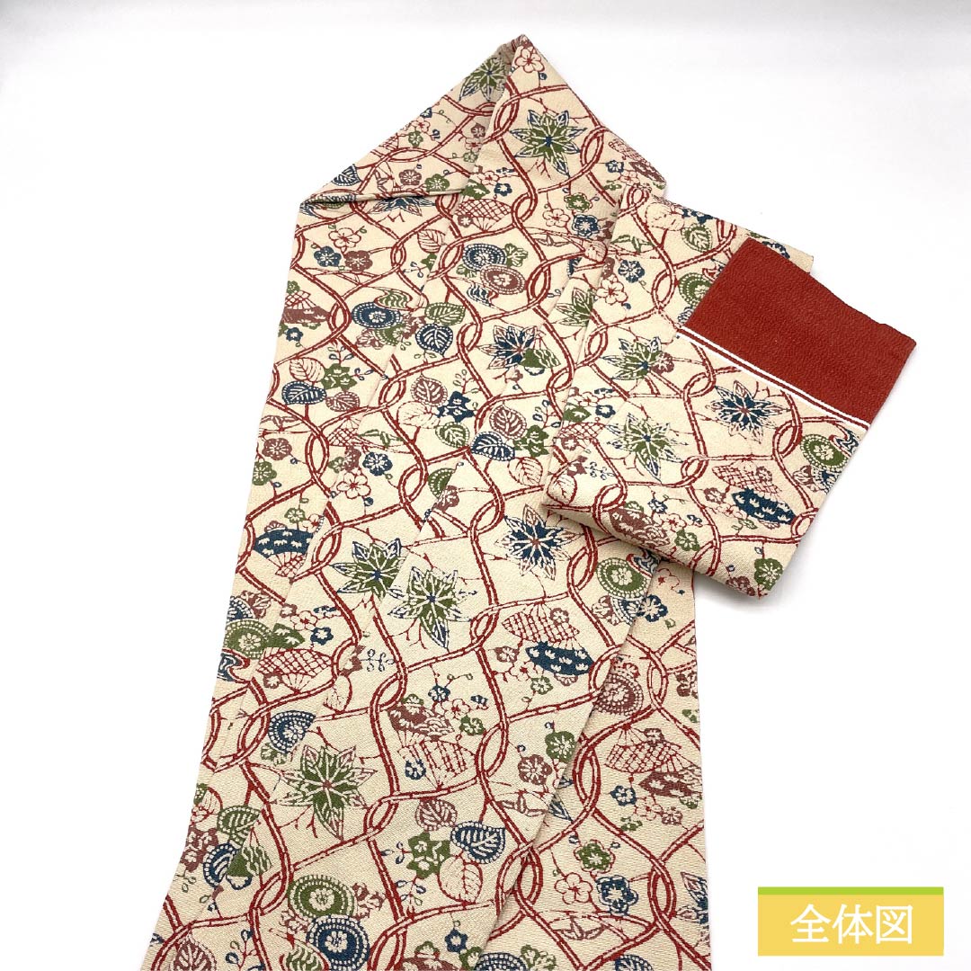 Nagoya obi, genuine silk, S-rank, Tonoko-iro (light beige), Kyo-bingata, tatewaku (wavy lines), plant motif, obi length 336cm, zen-tsu (pattern throughout), casual, beige tones, 1124011182325, Nagoya tailoring