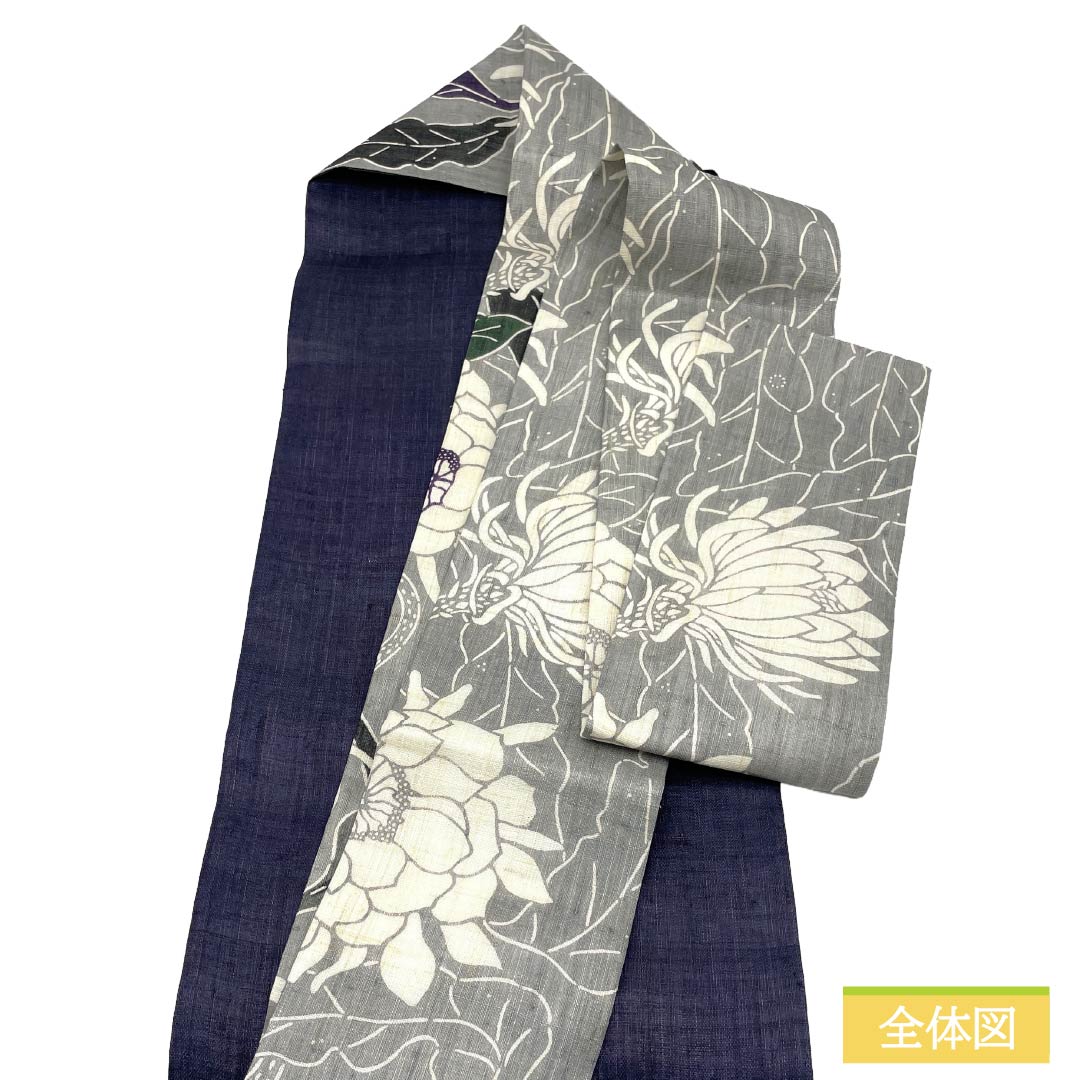 (新品)名古屋帯 正絹 NEWランク 名古屋仕立て 灰色(はいいろ) 栗山吉三郎 京紅型 月下美人 帯丈378cm ポイント柄 カジュアル グレー系 1124013081322