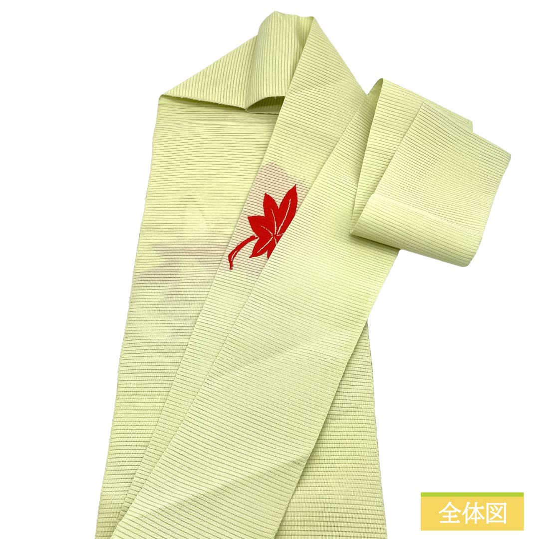 名古屋帯 正絹 Aランク 名古屋仕立て 若芽色(わかめいろ) 夏帯 古典柄 紅葉 帯丈334cm ポイント柄 セミフォーマル 緑系 1124013033319