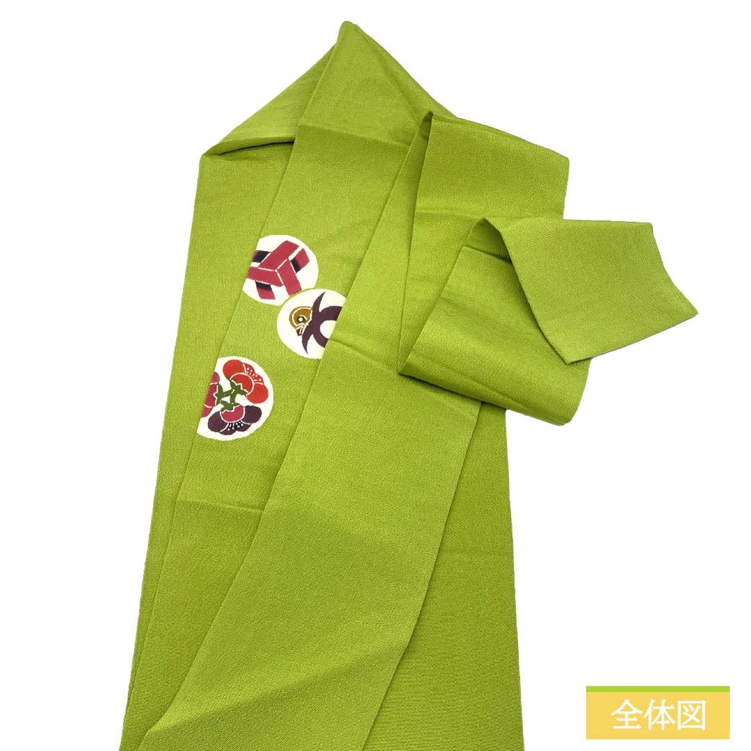Nagoya obi, genuine silk, Rank A, Nagoya tailoring, koenshoku (light greenish yellow) with katazome, classic patterns, circular classic pattern, obi length 342cm, point pattern, casual, green tones, 1124011933319