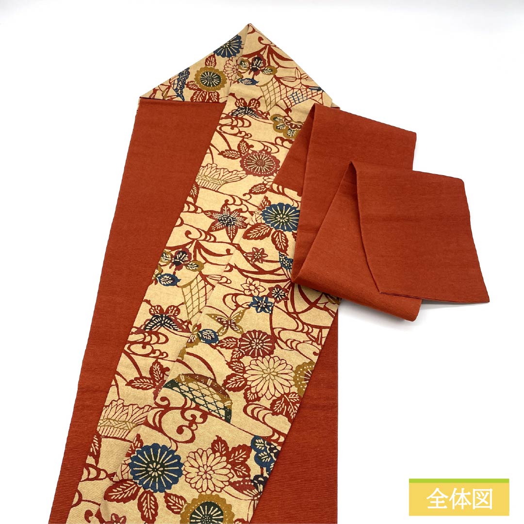 Nagoya obi, genuine silk, Rank A, clove color, Kyo-bingata, floral pattern, classic design, obi length 348cm, rokkutsu, casual, beige, 1124011123325, Nagoya style