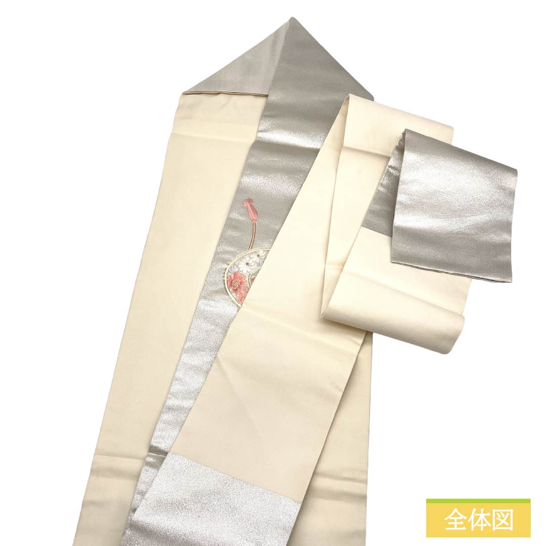 Nagoya obi, genuine silk, Rank A, Nagoya tailoring, silver (gin'iro), Suzhou embroidery, classic pattern, tsuzumi drum, obi length 358cm, partial pattern, semi-formal, silver-tone, 1124012623322