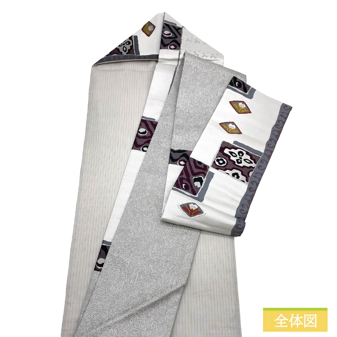 名古屋帯 正絹 Aランク 名古屋仕立て 銀白色(ぎんぱくしょく) 抽象柄 帯丈350cm 六通 セミフォーマル グレー系 1124012443322