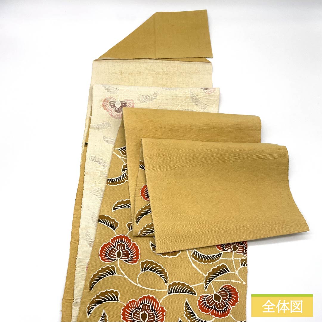 Nagoya Obi Silk A Rank Straw Yellow Kyo-Bingata Arabesque Pattern Tsumugi Weave 362cm Length Rokutsu Casual Beige 1124011213325 Matsuba-Jitate